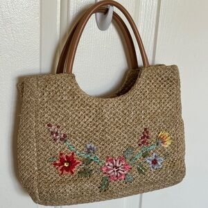 Floral Embroidered Straw Tote Bag